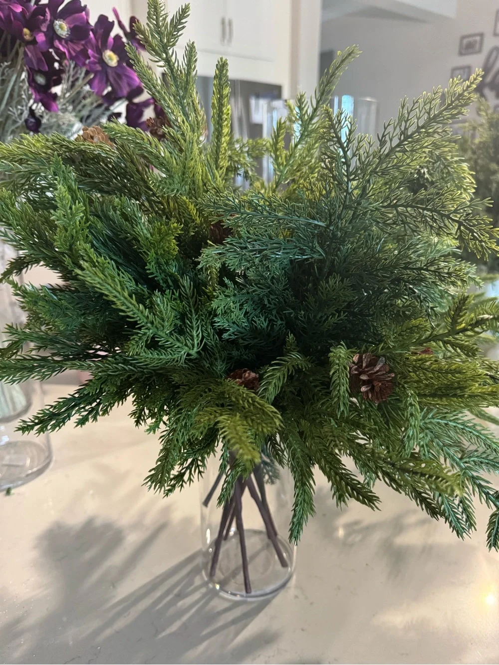 Faux Evergreen Bouquet with Pinecones